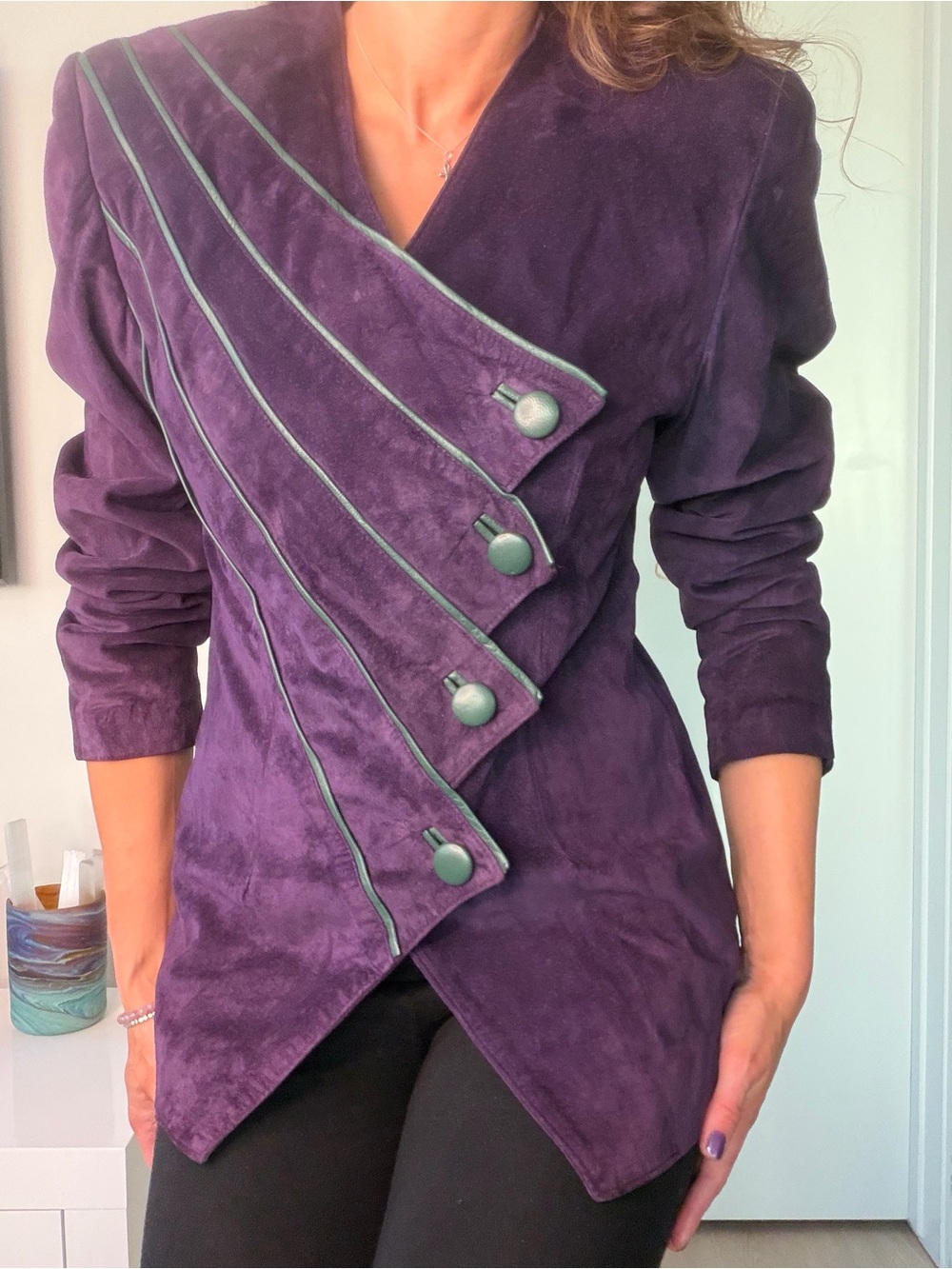 Incredible original 80’s drk purple suede button down jacket new condition!